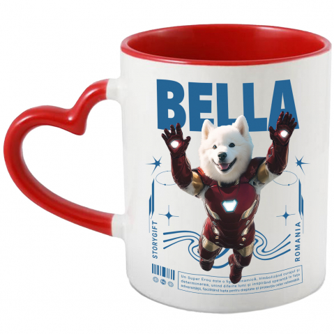 Personalizate cu Animalul Tau - Cana cu Animal In Costumul lui Ironman, Zburand, Peronalizata cu Numele si Poza Animalului Tau cu Maner Inima Rosie