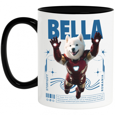 Personalizate cu Animalul Tau - Cana cu Animal In Costumul lui Ironman, Zburand, Peronalizata cu Numele si Poza Animalului Tau cu Maner Negru