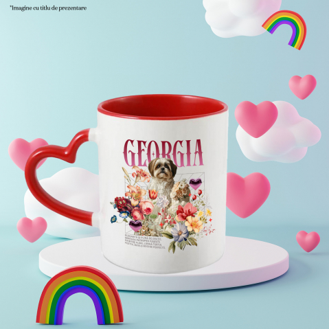 Cana cu Animal In Rochie de Mireasa cu Tort, Flori, Peronalizata cu Numele si Poza Animalului Tau cu Maner Inima Rosie [5]