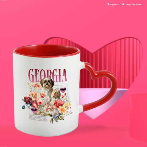 Cana cu Animal In Rochie de Mireasa cu Tort, Flori, Peronalizata cu Numele si Poza Animalului Tau cu Maner Inima Rosie [3]