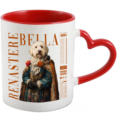Personalizate cu Animalul Tau - Cana cu Animal in Vesmant Regal Renascentist, Peronalizata cu Numele si Poza Animalului Tau cu Maner Inima Rosie