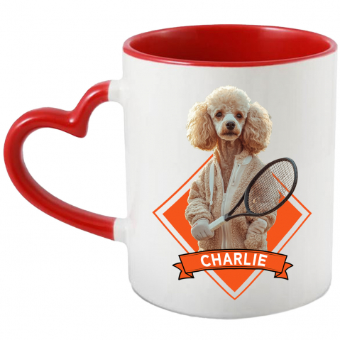 Personalizate cu Animalul Tau - Cana cu Animal Jucator de Tenis, Peronalizata cu Numele si Poza Animalului Tau cu Maner Inima Rosie
