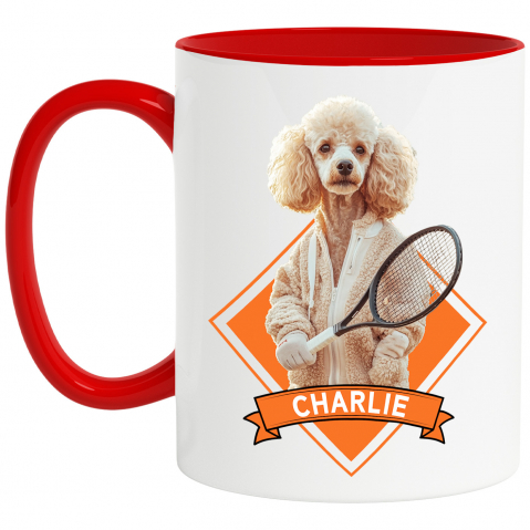 Personalizate cu Animalul Tau - Cana cu Animal Jucator de Tenis, Peronalizata cu Numele si Poza Animalului Tau cu Maner Rosu
