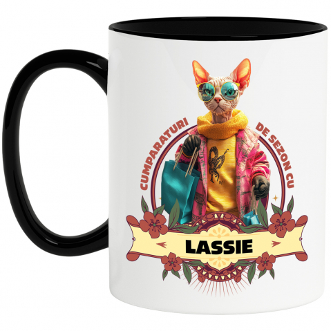 Personalizate cu Animalul Tau - Cana cu Animal La Cumparaturi, Moda, Fashion, Peronalizata cu Numele si Poza Animalului Tau cu Maner Negru