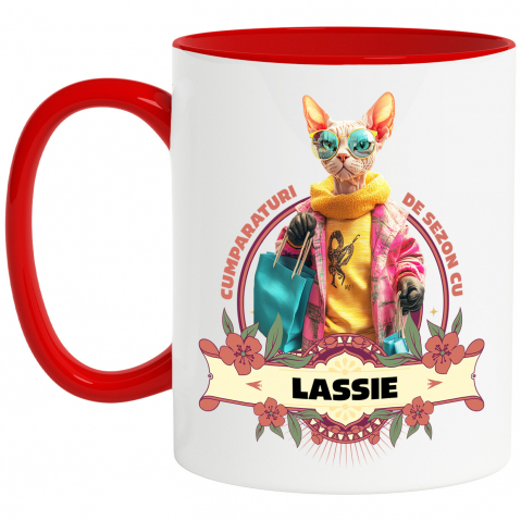 Personalizate cu Animalul Tau - Cana cu Animal La Cumparaturi, Moda, Fashion, Peronalizata cu Numele si Poza Animalului Tau cu Maner Rosu