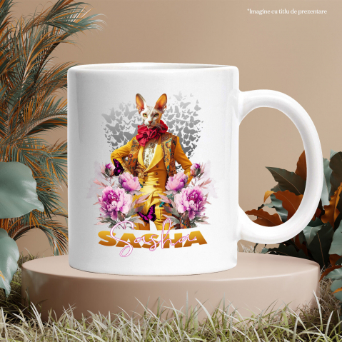 Cana cu Animal La Moda in Costum Galben, Inconjurat de Flori, Peronalizata cu Numele si Poza Animalului Tau cu Maner Alb [5]
