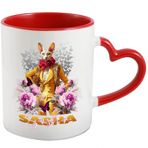 Personalizate cu Animalul Tau - Cana cu Animal La Moda in Costum Galben, Inconjurat de Flori, Peronalizata cu Numele si Poza Animalului Tau cu Maner Inima Rosie