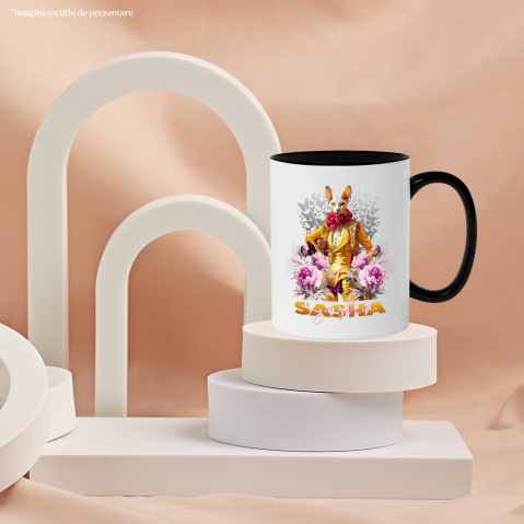 Cana cu Animal La Moda in Costum Galben, Inconjurat de Flori, Peronalizata cu Numele si Poza Animalului Tau cu Maner Negru [5]