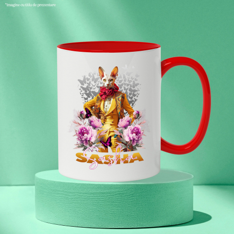 Cana cu Animal La Moda in Costum Galben, Inconjurat de Flori, Peronalizata cu Numele si Poza Animalului Tau cu Maner Rosu [5]