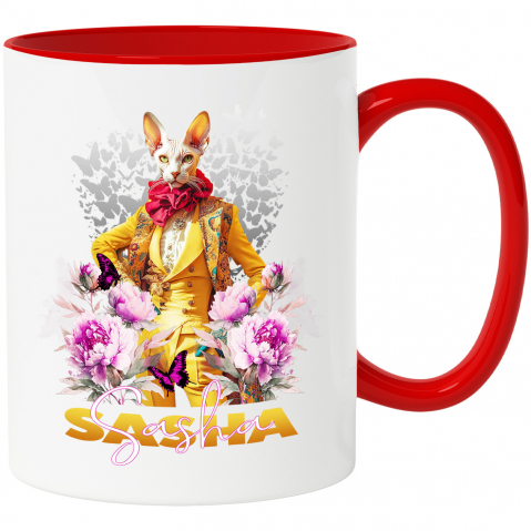 Personalizate cu Animalul Tau - Cana cu Animal La Moda in Costum Galben, Inconjurat de Flori, Peronalizata cu Numele si Poza Animalului Tau cu Maner Rosu