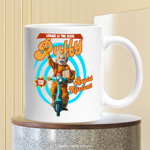 Cana cu Animal Livrator de Colete pe Scooter, Peronalizata cu Numele si Poza Animalului Tau cu Maner Alb [5]