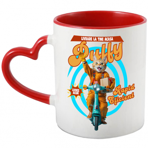 Personalizate cu Animalul Tau - Cana cu Animal Livrator de Colete pe Scooter, Peronalizata cu Numele si Poza Animalului Tau cu Maner Inima Rosie