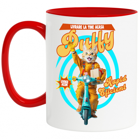 Personalizate cu Animalul Tau - Cana cu Animal Livrator de Colete pe Scooter, Peronalizata cu Numele si Poza Animalului Tau cu Maner Rosu