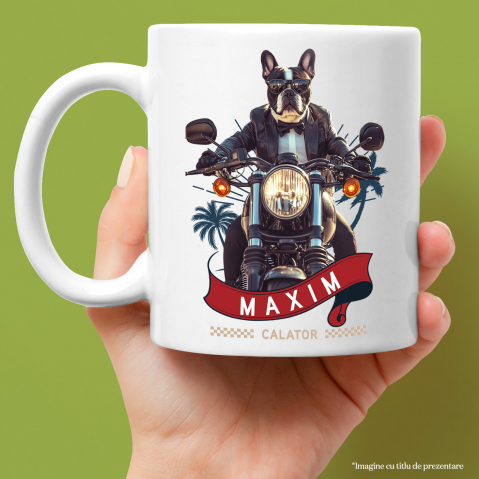 Cana cu Animal Pe Motocicleta in Costum, Peronalizata cu Numele si Poza Animalului Tau cu Maner Alb [3]