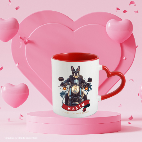Cana cu Animal Pe Motocicleta in Costum, Peronalizata cu Numele si Poza Animalului Tau cu Maner Inima Rosie [3]