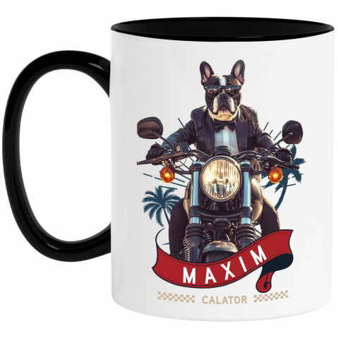 Personalizate cu Animalul Tau - Cana cu Animal Pe Motocicleta in Costum, Peronalizata cu Numele si Poza Animalului Tau cu Maner Negru
