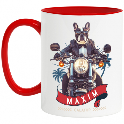 Personalizate cu Animalul Tau - Cana cu Animal Pe Motocicleta in Costum, Peronalizata cu Numele si Poza Animalului Tau cu Maner Rosu