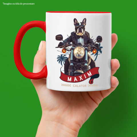Cana cu Animal Pe Motocicleta in Costum, Peronalizata cu Numele si Poza Animalului Tau cu Maner Rosu [3]