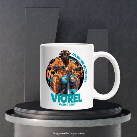 Cana cu Animal Pe Motocicleta, La Apus cu Palmieri, Peronalizata cu Numele si Poza Animalului Tau cu Maner Alb [5]