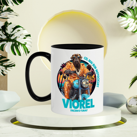 Cana cu Animal Pe Motocicleta, La Apus cu Palmieri, Peronalizata cu Numele si Poza Animalului Tau cu Maner Negru [5]