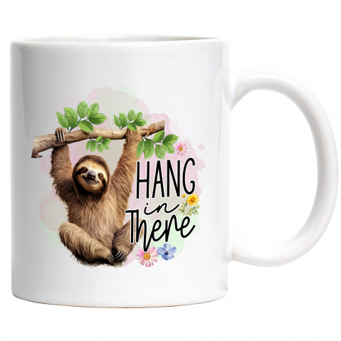 Maner Alb - Cana cu animalul sloth/lenes atarnat de o creanga cu mesajul "Hang in there", zambet, ilustratie, maro, flori multicolore cu Maner Alb