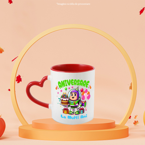 Cana Cu Aniversare Stelara cu Buzz Lightyear Ceramica, 330ML, cu Maner Inima Rosie [1]