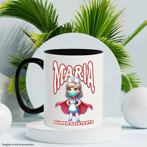Cana cu Asistenta medicala Cu Pelerina Rosie Super Erou Masca Medicala Text Maria Super Asistenta, Ceramica, 330ML, cu Maner Negru [2]
