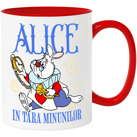 Desene Animate - Cana Cu Aventuri cu Iepurele Alb Ceramica, 330ML, cu Maner Rosu