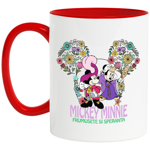 Căni - Cana Cu Aventuri cu Minnie si Mickey Jucand Roluri Ceramica, 330ML, cu Maner Rosu