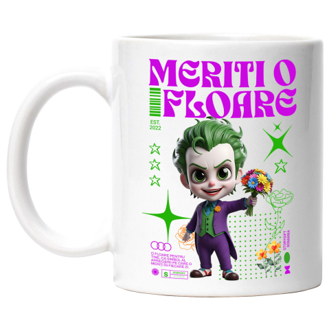Flori - Cana Cu Aventuri Joker si Flori Disney Ceramica, 330ML, cu Maner Alb