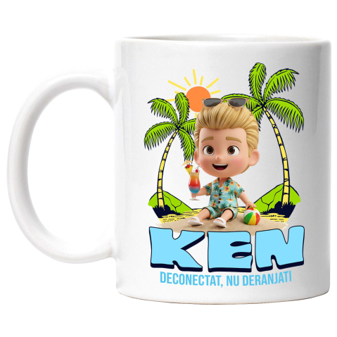 Căni - Cana Cu Aventuri la Mare cu Ken Ceramica, 330ML, cu Maner Alb