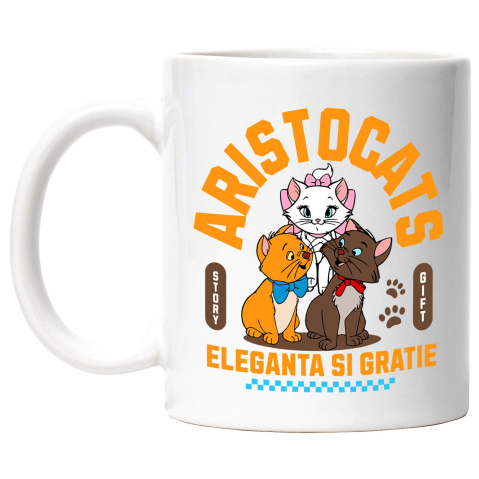 Sticker Personalizat - Cana Cu Aventuri Magice cu Pisicile Aristocrate Ceramica, 330ML, cu Maner Alb