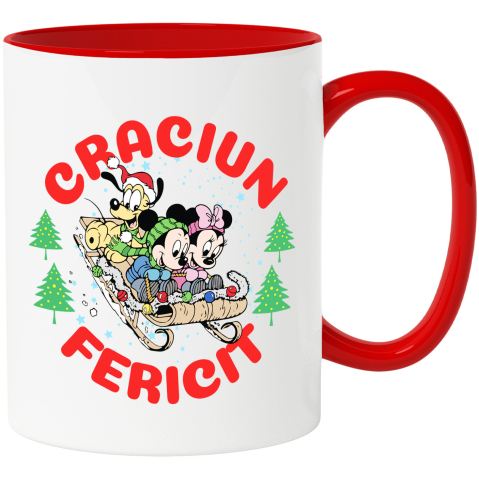 Căni - Cana Cu Aventuri Minnie si Mickey Mouse in Spirit de Craciun Ceramica, 330ML, cu Maner Rosu