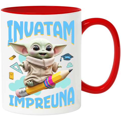Căni - Cana Cu Baby Yoda – Joaca, Zambet si Prietenie Ceramica, 330ML, cu Maner Rosu
