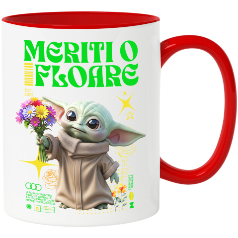 Desene Animate - Cana Cu Baby Yoda si Flori din Lumea Disney, Ceramica, 330ML