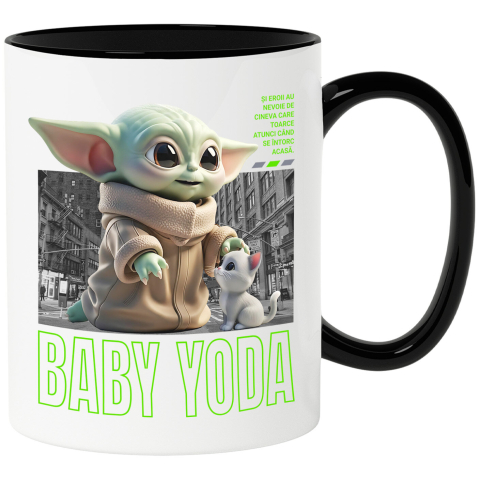Pisici - Cana Cu Baby Yoda si Pisicuta – Aventura Galactica Ceramica, 330ML, cu Maner Negru