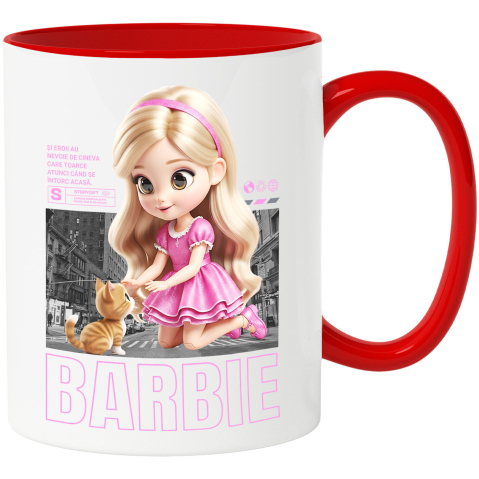 Căni - Cana Cu Barbie si Pisicuta – Echipa Fermecata Ceramica, 330ML, cu Maner Rosu