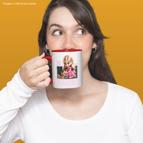 Cana Cu Barbie si Pisicuta – Echipa Fermecata Ceramica, 330ML, cu Maner Rosu [1]