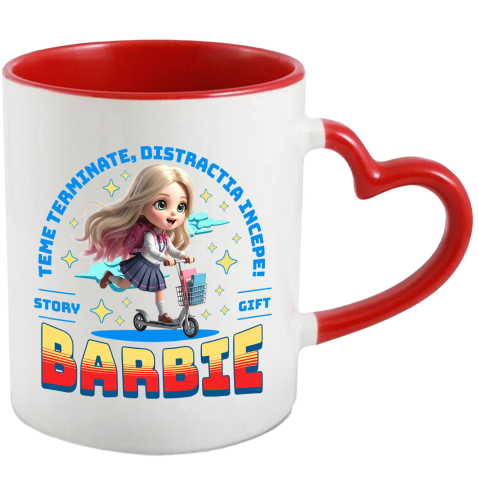 Desene Animate - Cana Cu Barbie: Skateboard Si Zambete Ceramica, 330ML, cu Maner Inima Rosie