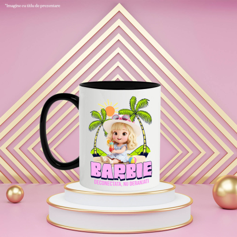 Cana Cu Barbie Sub Palmieri: Soare si Mare Ceramica, 330ML, cu Maner Negru [2]