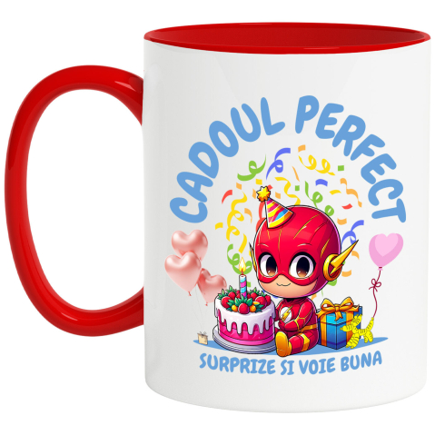 Căni - Cana Cu Bucurie si Cadou The Flash pentru Ziua Ta Ceramica, 330ML, cu Maner Rosu
