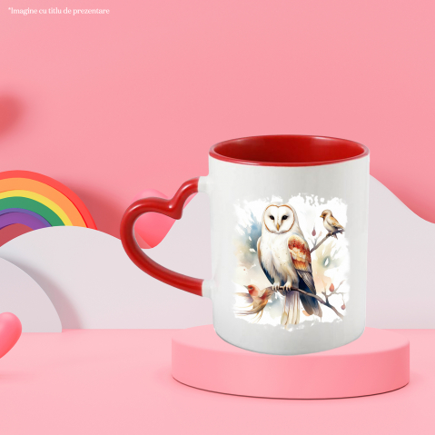 Cana Cu Bufnita, Pasari, Creanga, Frunze, Flori, Ilustratie, Multicolor 330 ml, Ceramica cu Maner Inima Rosie [1]