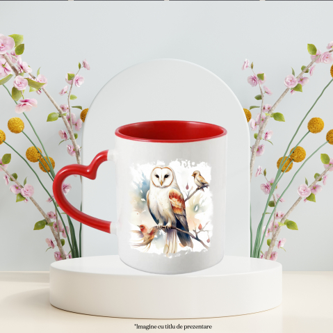 Cana Cu Bufnita, Pasari, Creanga, Frunze, Flori, Ilustratie, Multicolor 330 ml, Ceramica cu Maner Inima Rosie [3]