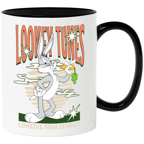 Desene Animate - Cana Cu Bugs Bunny si morcovul cel mare Ceramica, 330ML, cu Maner Negru