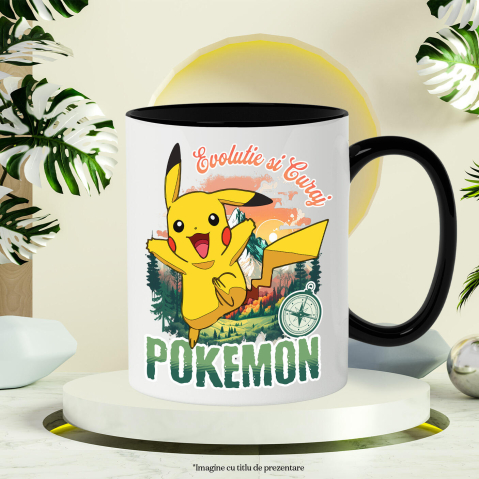 Cana Cu Busola Fericirii si Pokemon: Drumul Spre Munte Ceramica, 330ML, cu Maner Negru [2]
