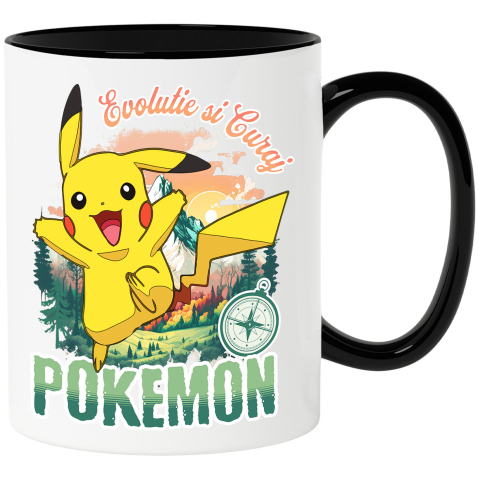 Desene Animate - Cana Cu Busola Fericirii si Pokemon: Drumul Spre Munte Ceramica, 330ML, cu Maner Negru