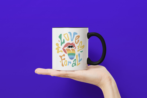 Cana Cu Buze Rosii, Gura Deschisa Limba Multicolor, Text In Engleza Love For all, Iubitorii De Diversitate, 330 ml, Maner Negru [2]