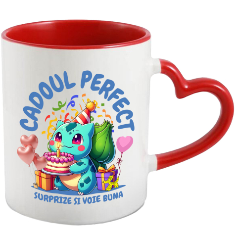 Căni - Cana Cu Cadou Bulbasaur – Tort si Bucurie pentru Ziua de Nastere Ceramica, 330ML, cu Maner Inima Rosie