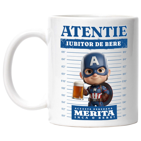 Căni - Cana Cu Cadou Captain America si Bere - Un Pachet de Neuitat Ceramica, 330ML, cu Maner Alb