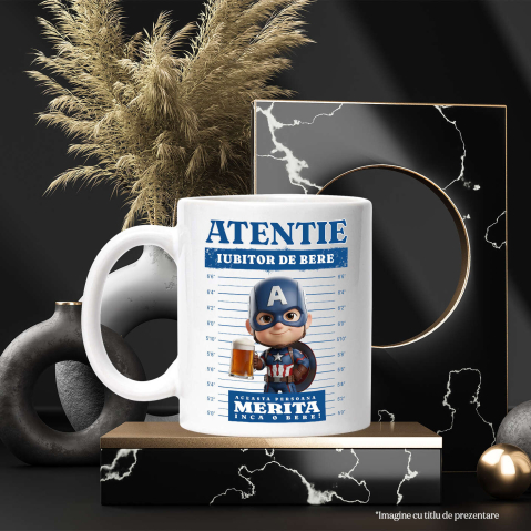 Cana Cu Cadou Captain America si Bere - Un Pachet de Neuitat Ceramica, 330ML, cu Maner Alb [2]